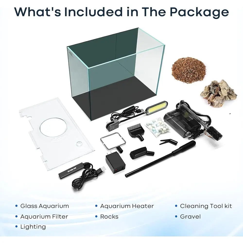 3 Gallon Small Aquarium Set Glass Fish Tank With Heater, Water Pump, Cleaning System, Filter Bright Light, Rocks