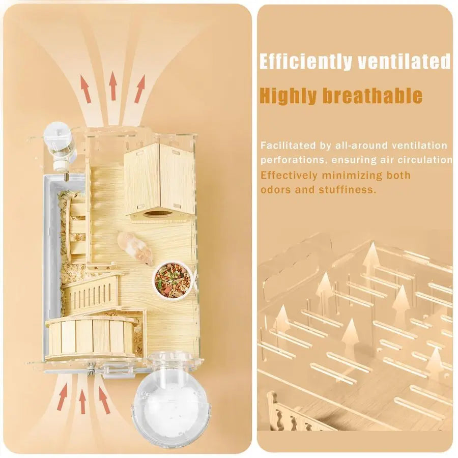 8 in 1 Acrylic Hamster Cage, 2Tier Cage with Wooden Wheel &Hideout