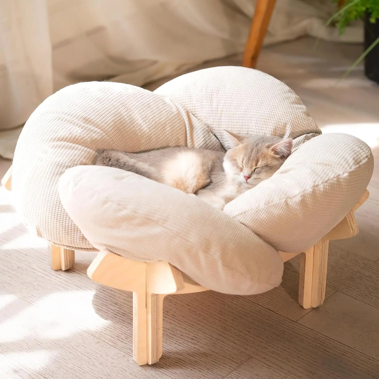 Elevated Cat Bed Wooden with Cushion. Raised Kitty Lounge Chair Suitable for Puppy, Cat