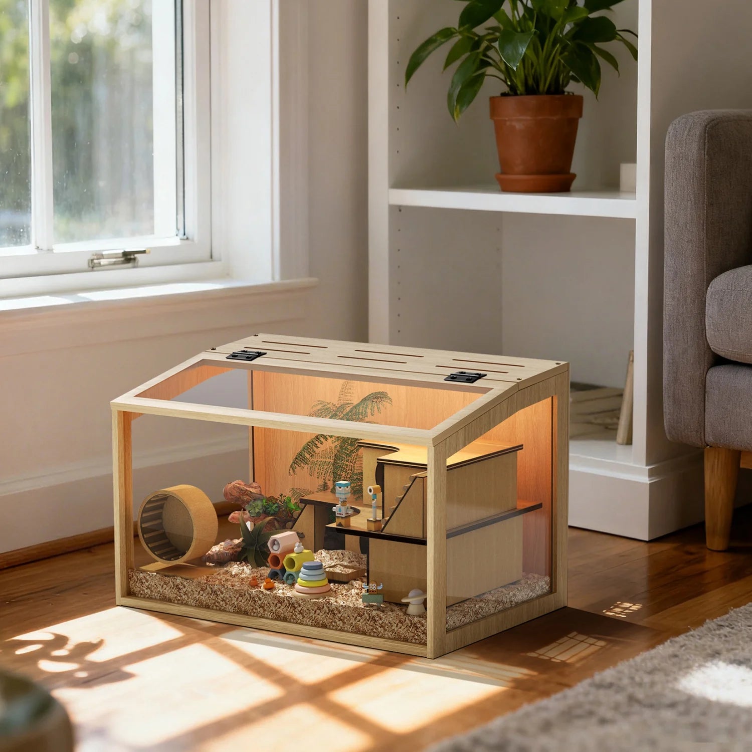 Hamster/Guinea Pig Cage Chewproof Tempered Glass Panels Built-in LED Light