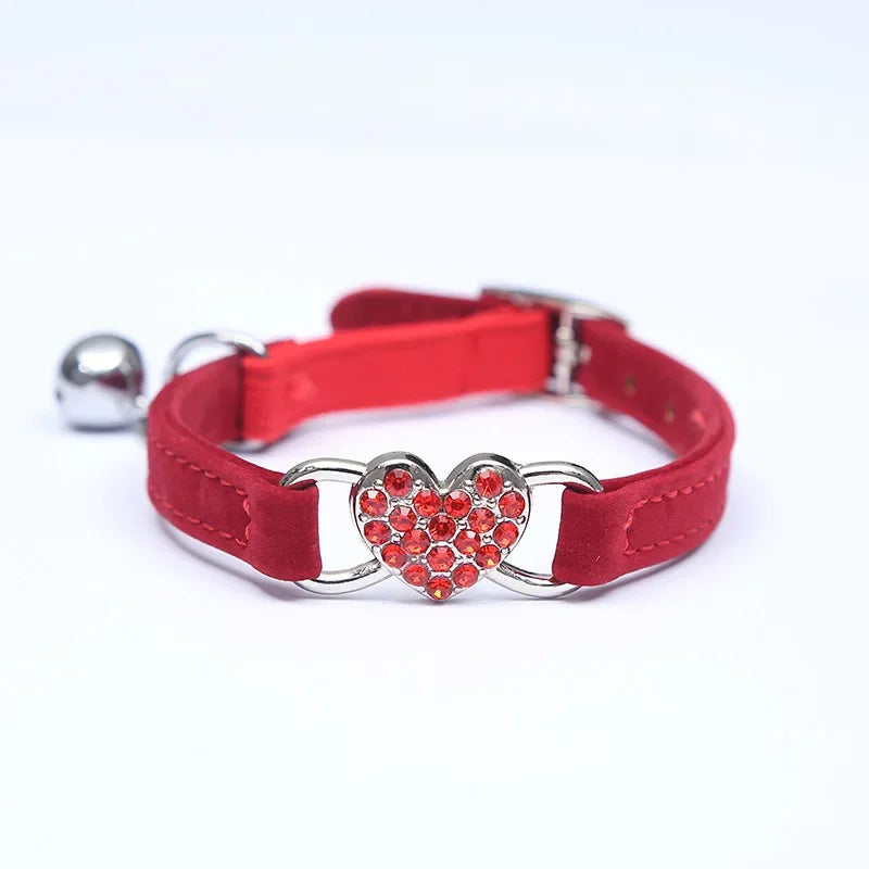 Heart Charm and Bell Cat Collar Safety Elastic Adjustable with Soft Velvet Material