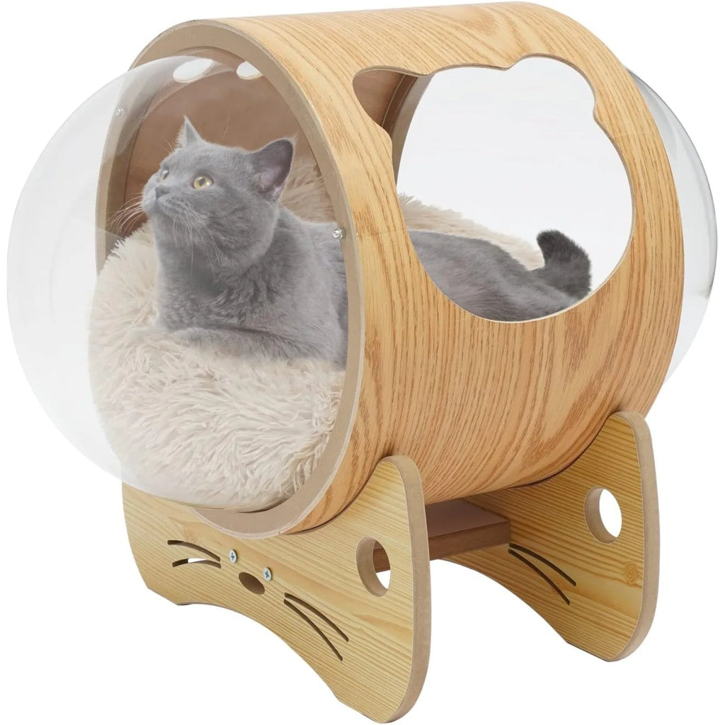 Luxury Cat Pod Bed, Wooden Frame with Clear Acrylic Dome 3.9" Thick Cushion