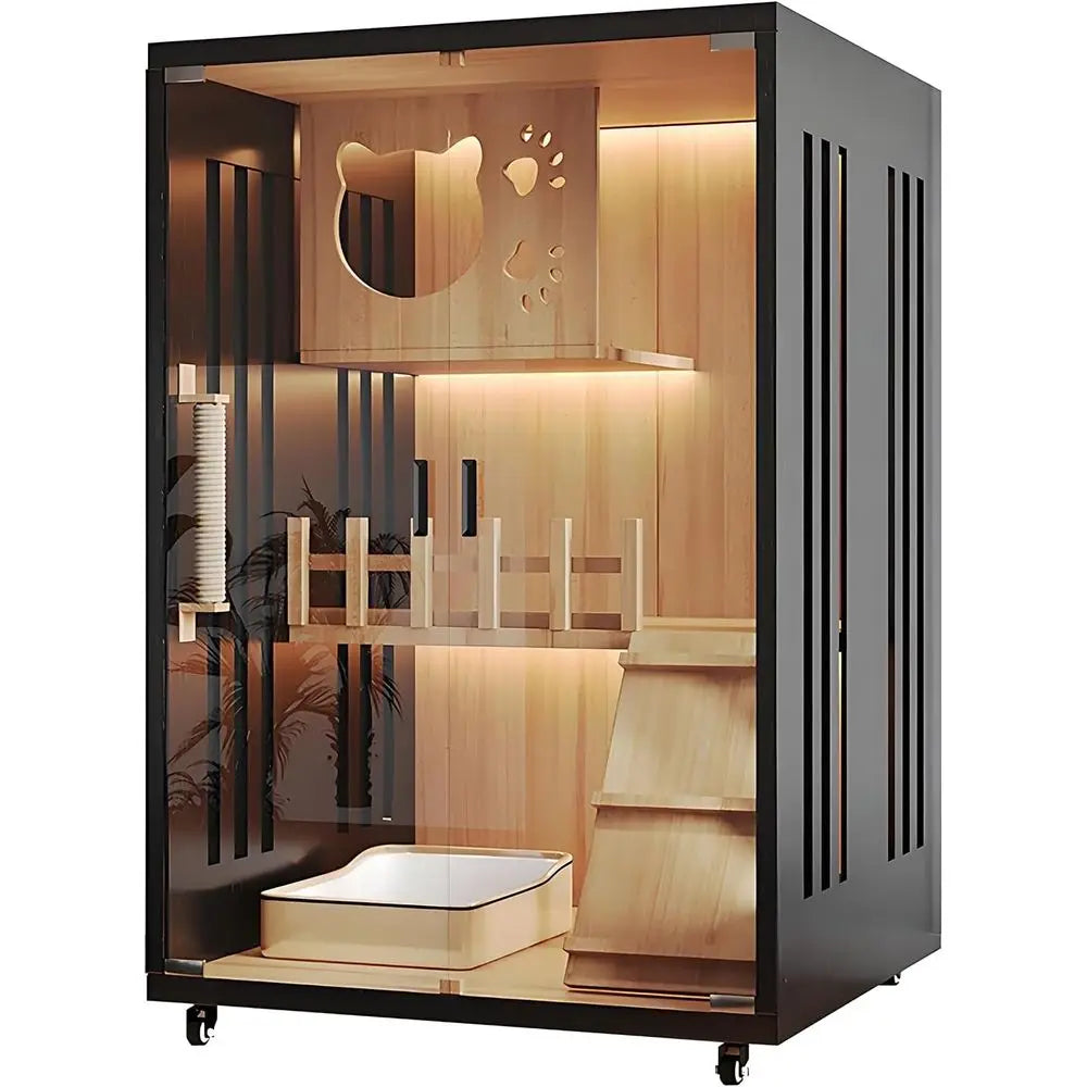 Modern Cat House & Indoor Villa - Extra Large Wooden Enclosure with Lockable Wheels & Tempered Glass