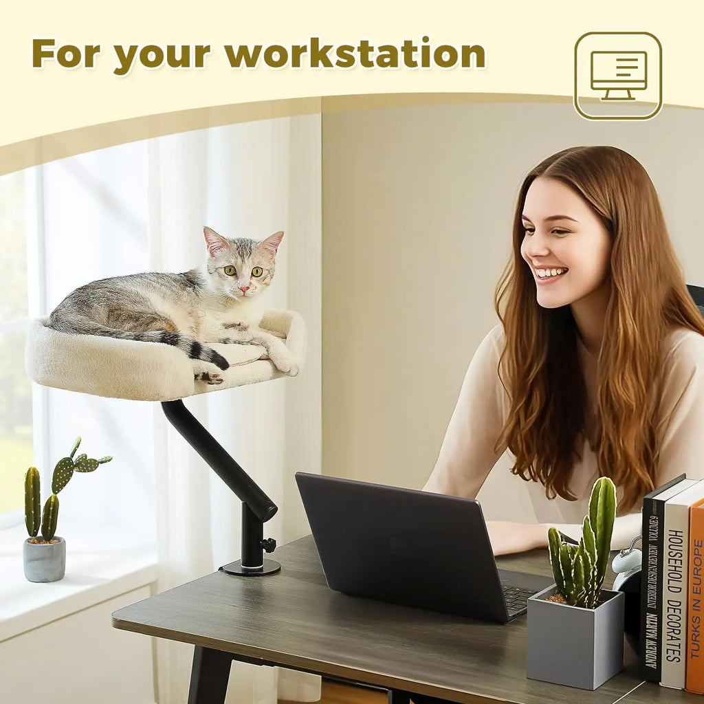 360° Rotatable Cat Desk Bed, Supports Up to 50 lbs, Adjustable White Hammock for Indoor Cats