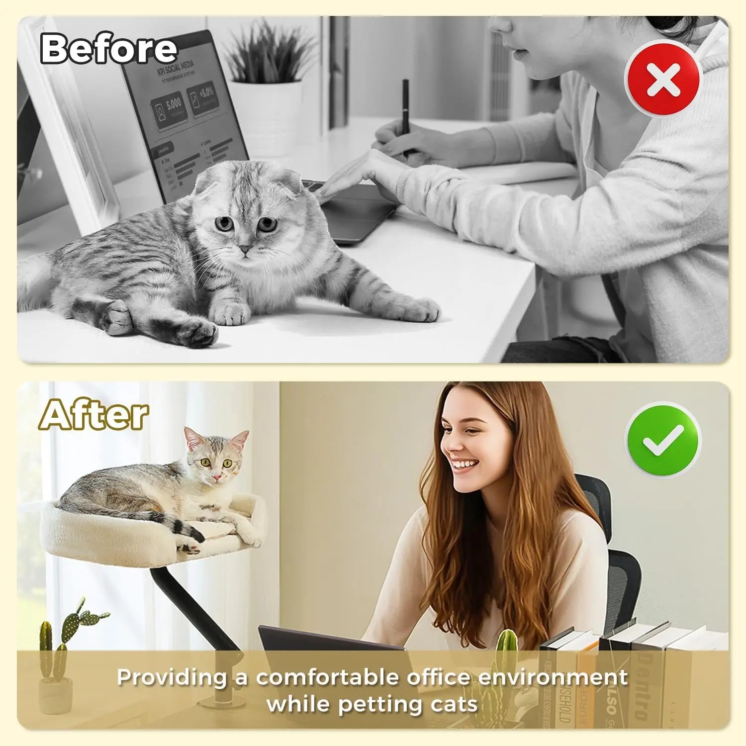 360° Rotatable Cat Desk Bed, Supports Up to 50 lbs, Adjustable White Hammock for Indoor Cats
