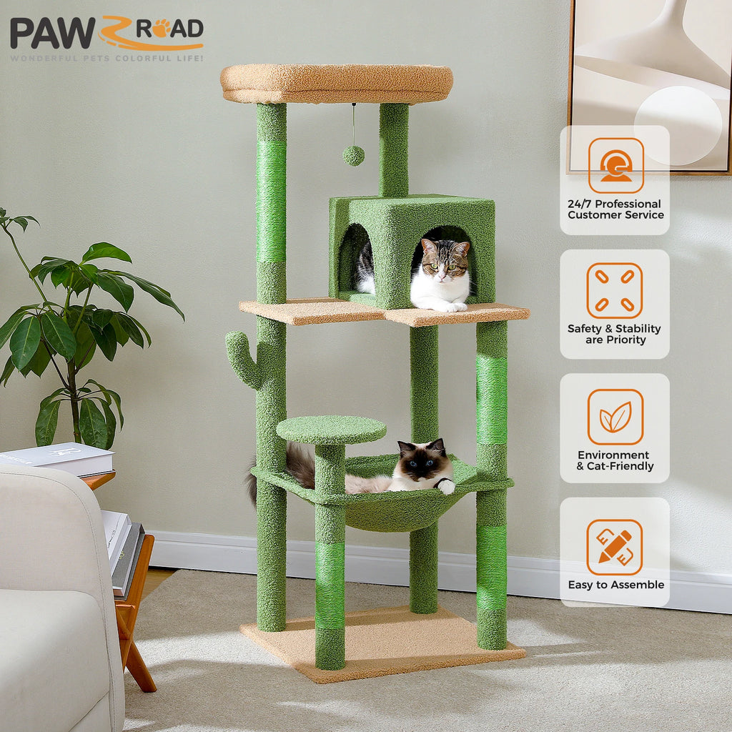 Cactus Cat Tree Tower for Large Cats with Metal Plush Big Hammock Condo House with Large Top Perch