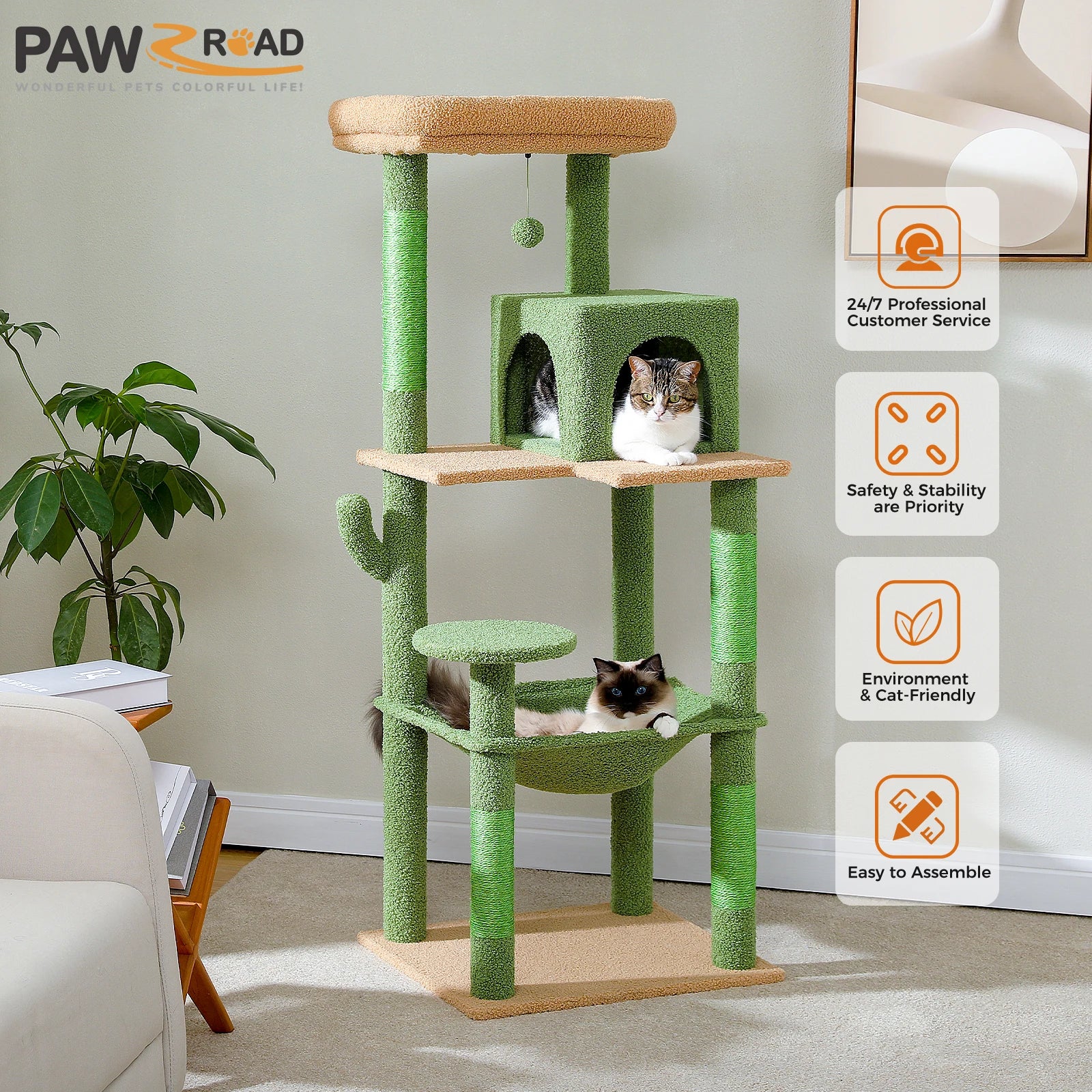 Cactus Cat Tree Tower for Large Cats with Metal Plush Big Hammock Condo House with Large Top Perch