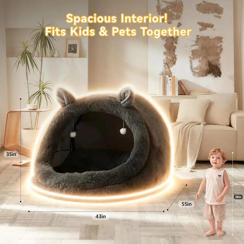 Extra Large Gray Fluffy Pet Bed with Canopy for Dogs, Cats & Humans, Removable Pillow & Blanket, Machine Washable