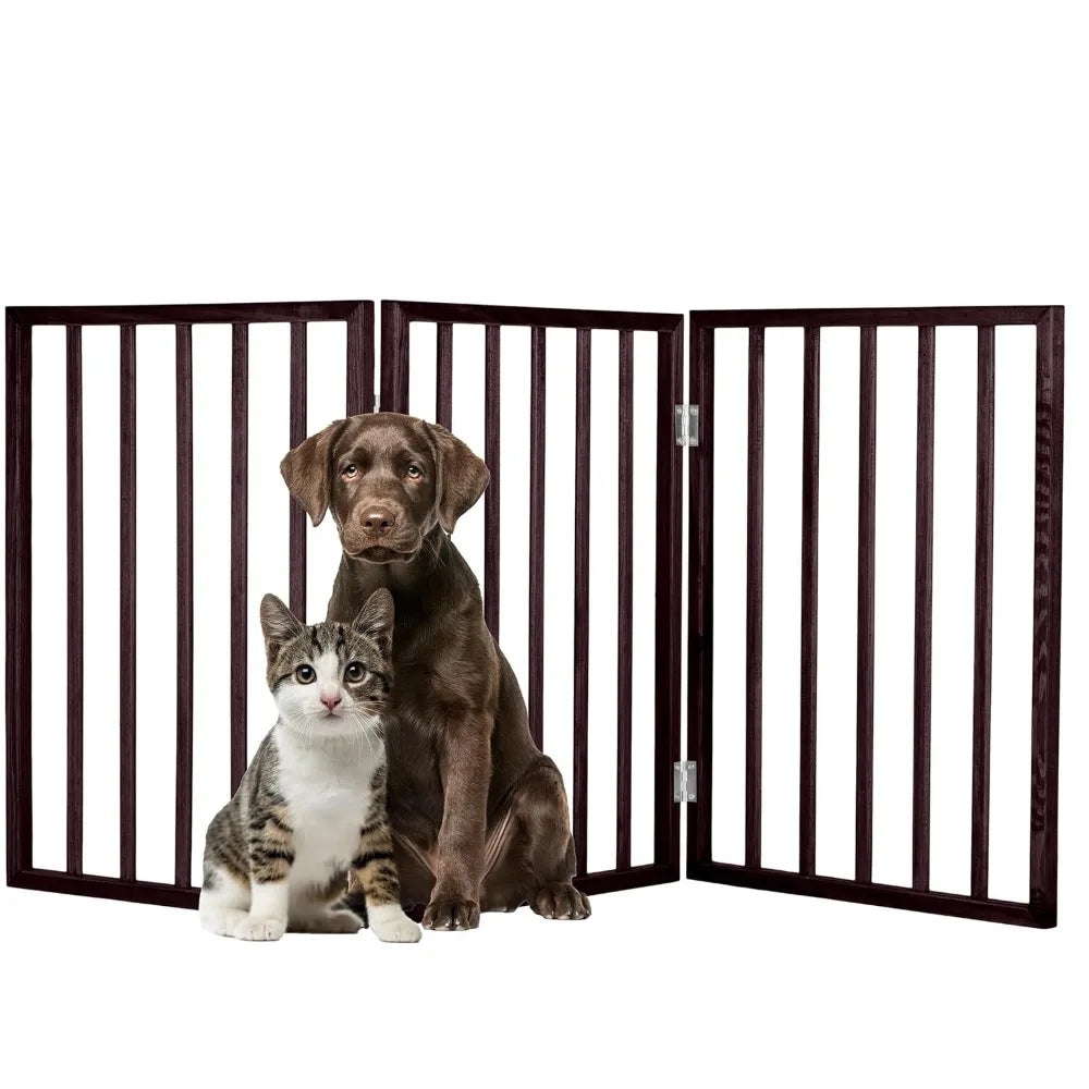 3-Panel Foldable Indoor Dog Gate for Stairs, Hallways, Doorways - 54x24-Inch Pet Fence in Brown