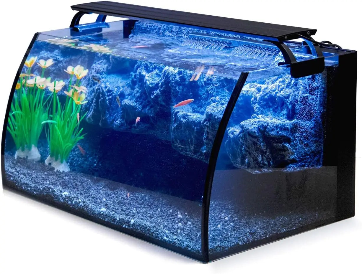 8 Gallon LED Glass Aquarium Kit for Starters with Filter Pump, Colored Light, 3D Rockery Background