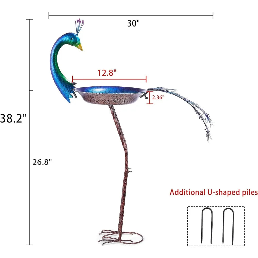 Peacock-Shaped Metal Bird Bath Feeder with Seed Tray, Outdoor Garden Decor