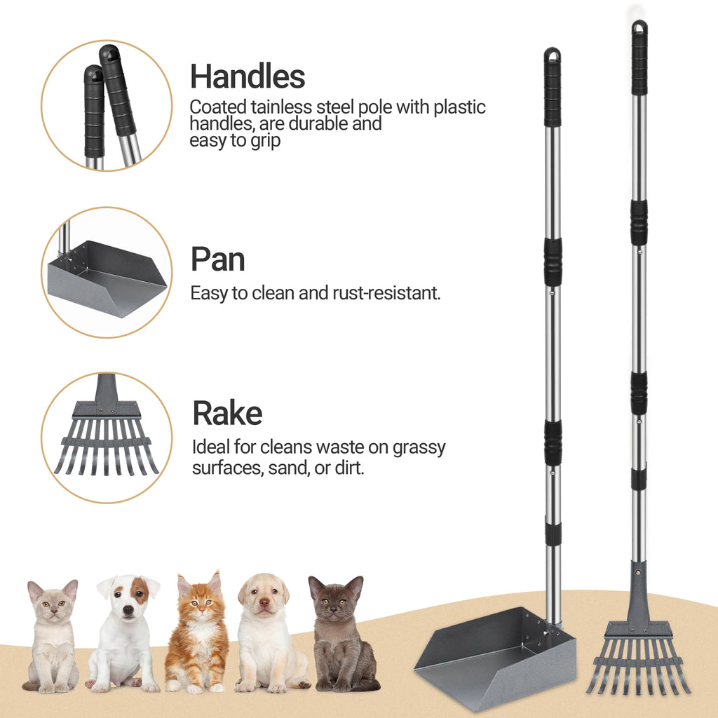Dog Pooper Scooper, Dog Poop Tray and Rake Set,  Long Adjustable Sectional Stainless Handles