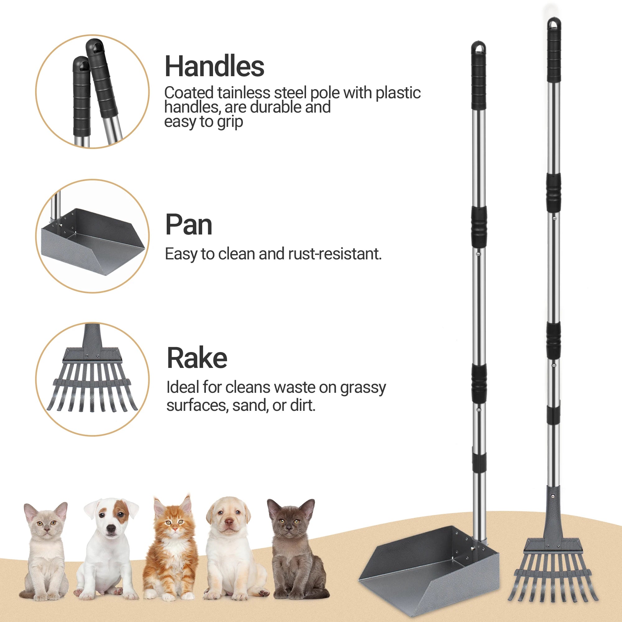 Dog Pooper Scooper, Dog Poop Tray and Rake Set,  Long Adjustable Sectional Stainless Handles