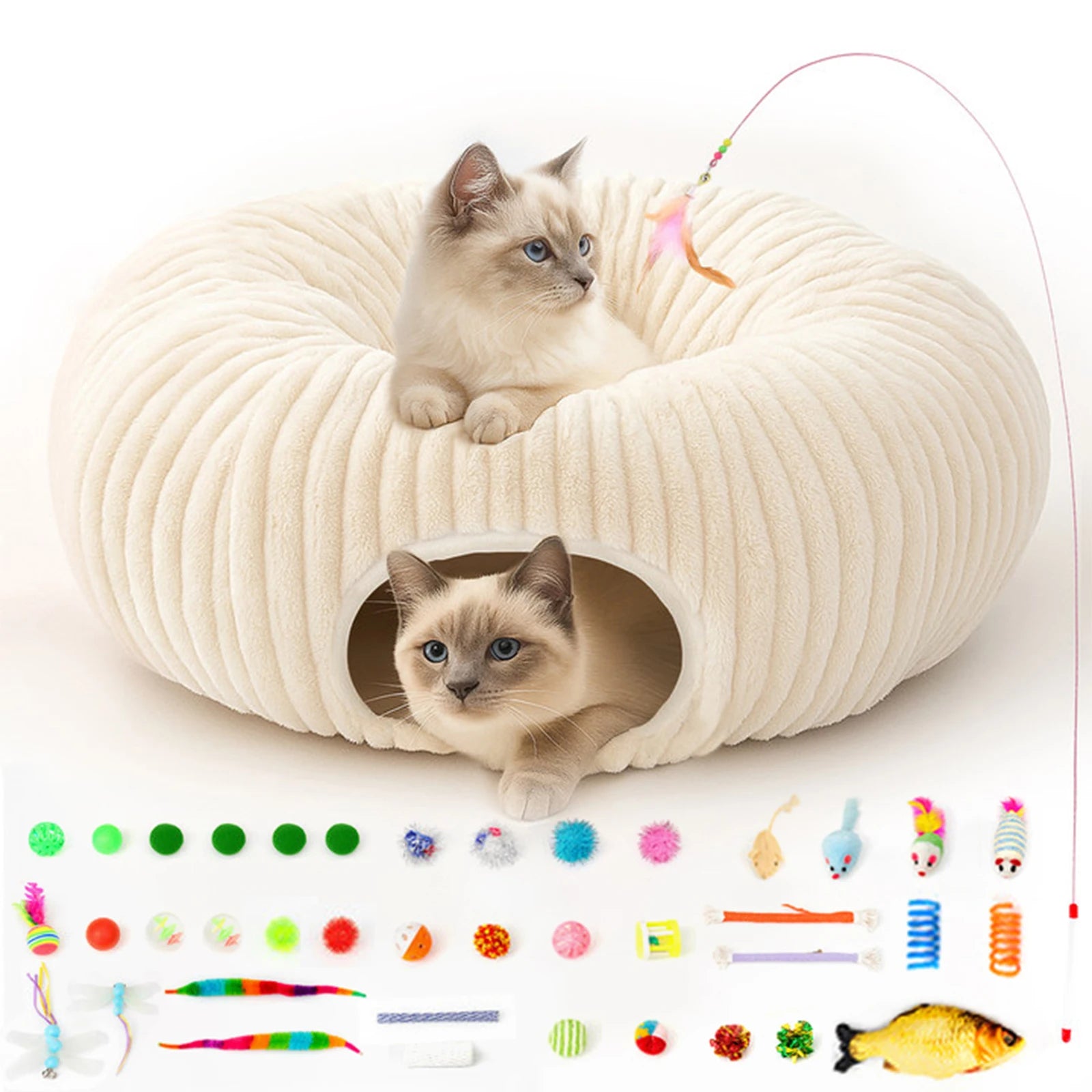 Cat Plush Tunnel Bed with 40 Cat Toys with Mat