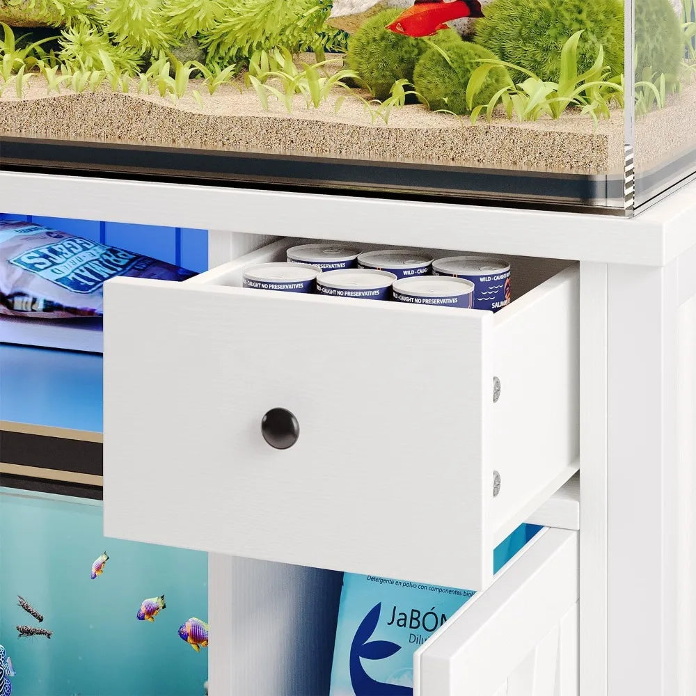75 Gallon Fish Tank Stand with Power Outlets & LED Light, Farmhouse Stand with 2 Drawers and 2 Barn Doors