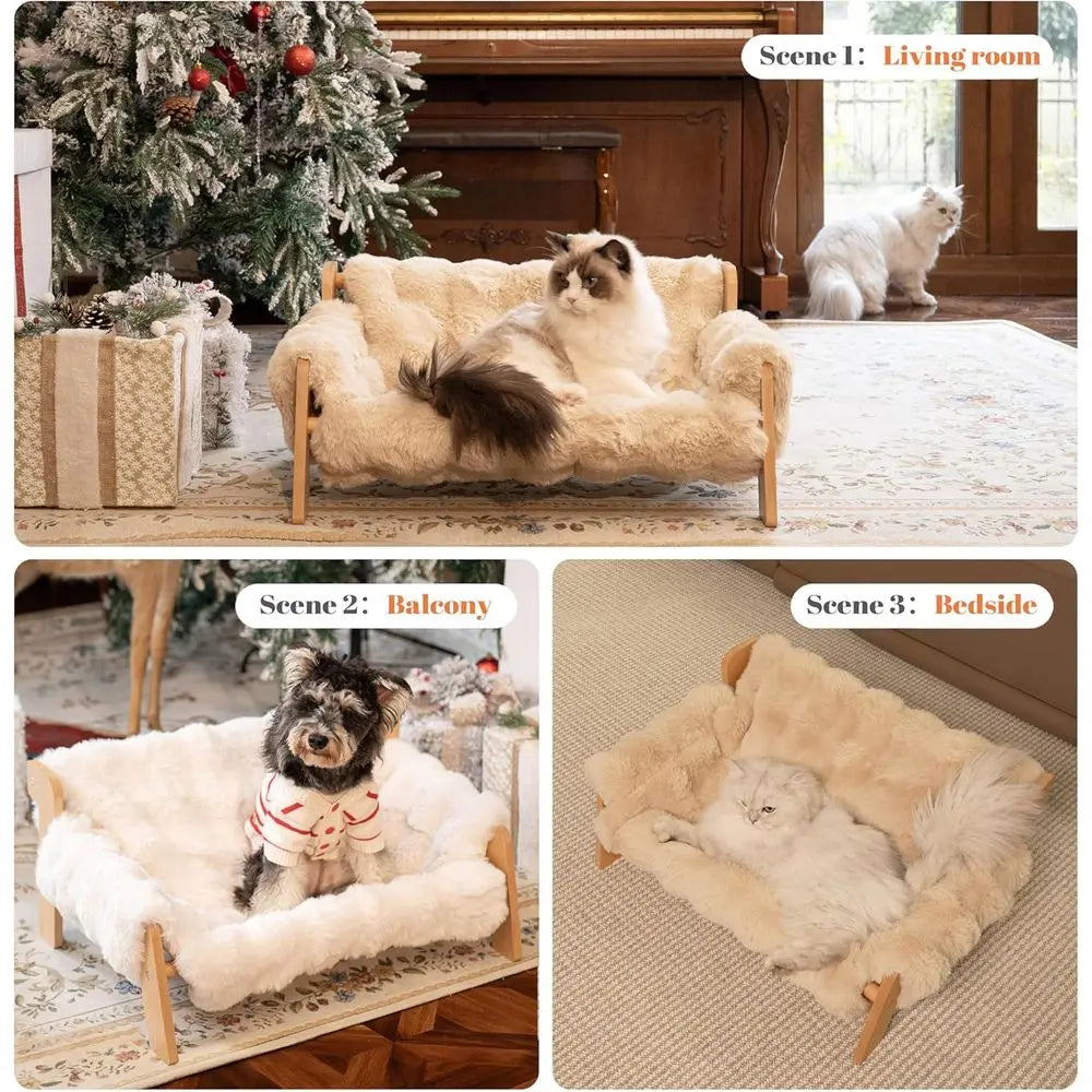 Wooden Cat Sofa with Removable Washable Fluffy Cover, Raised Kitty Lounge Chair Also Suitable for Puppy