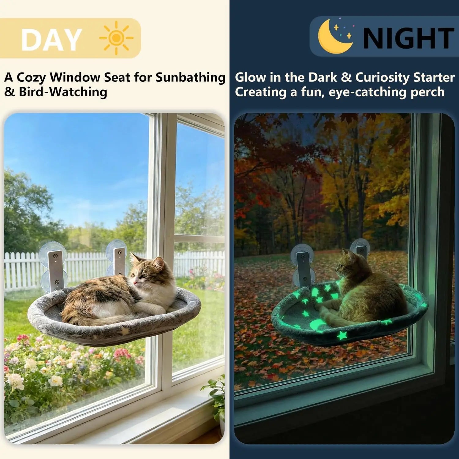 Cat Window Perch Hammock - Glow in The Dark With Sturdy Metal Frame & Strong Suction Cups