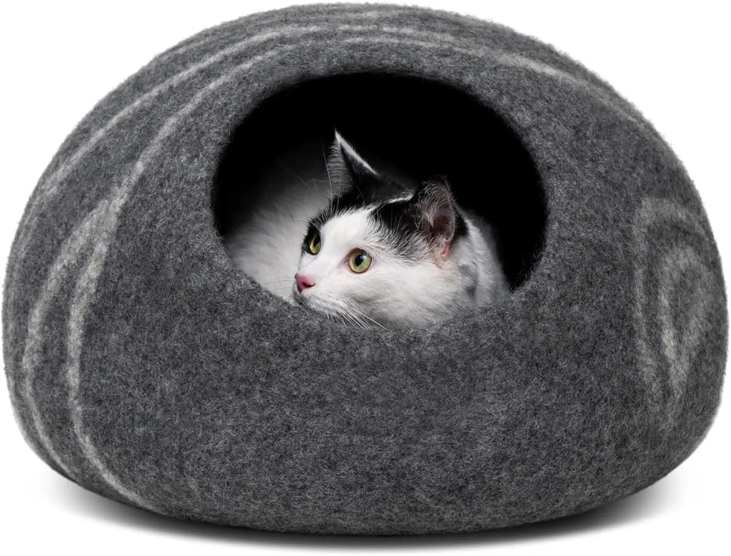 Premium Handmade Merino Wool Cat Cave Bed for Indoor Cats, Medium Dark Grey, Eco-Friendly & Durable