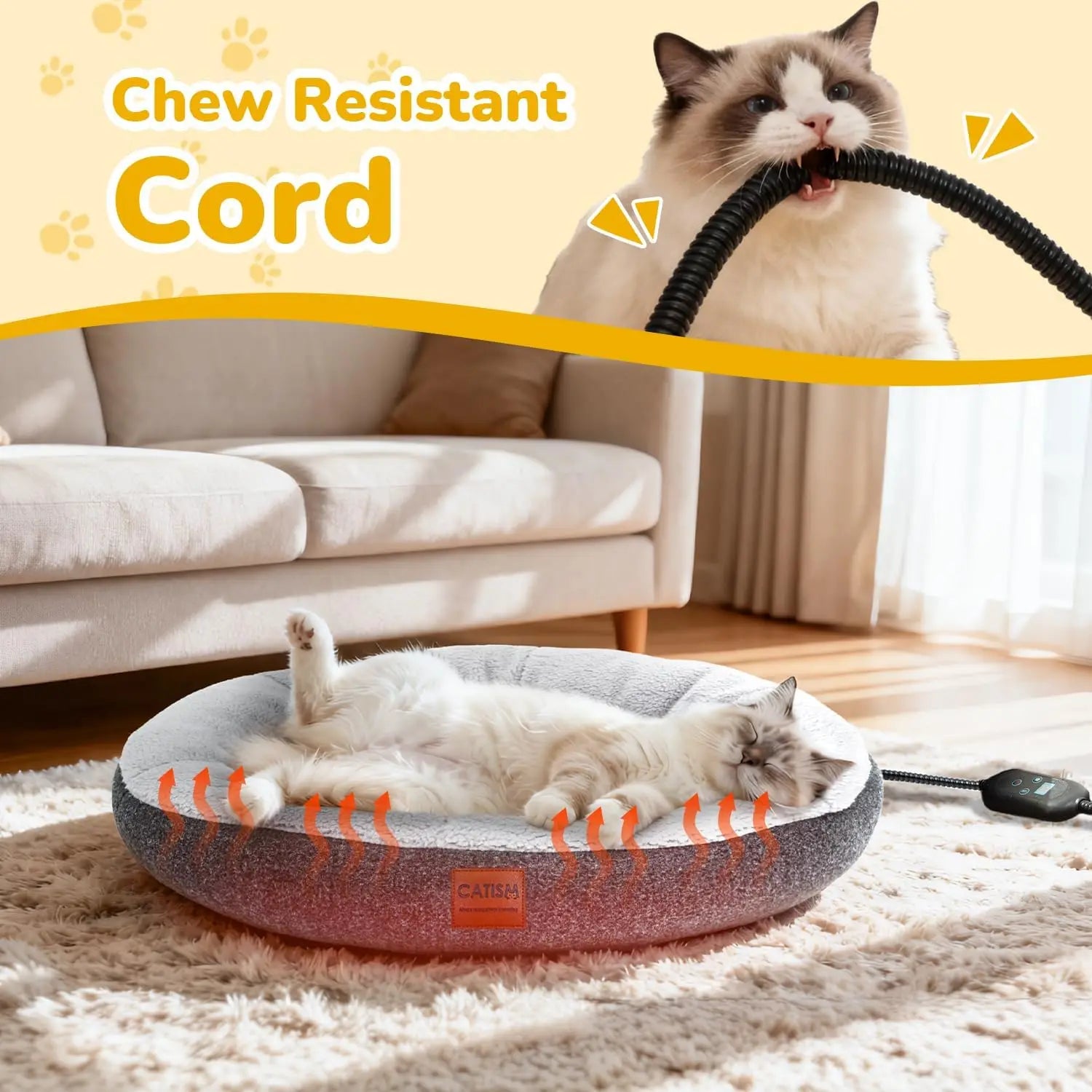 Heated Cat Bed Indoor - Self Warming Donut Cave with Timer & Adjustable Temperature