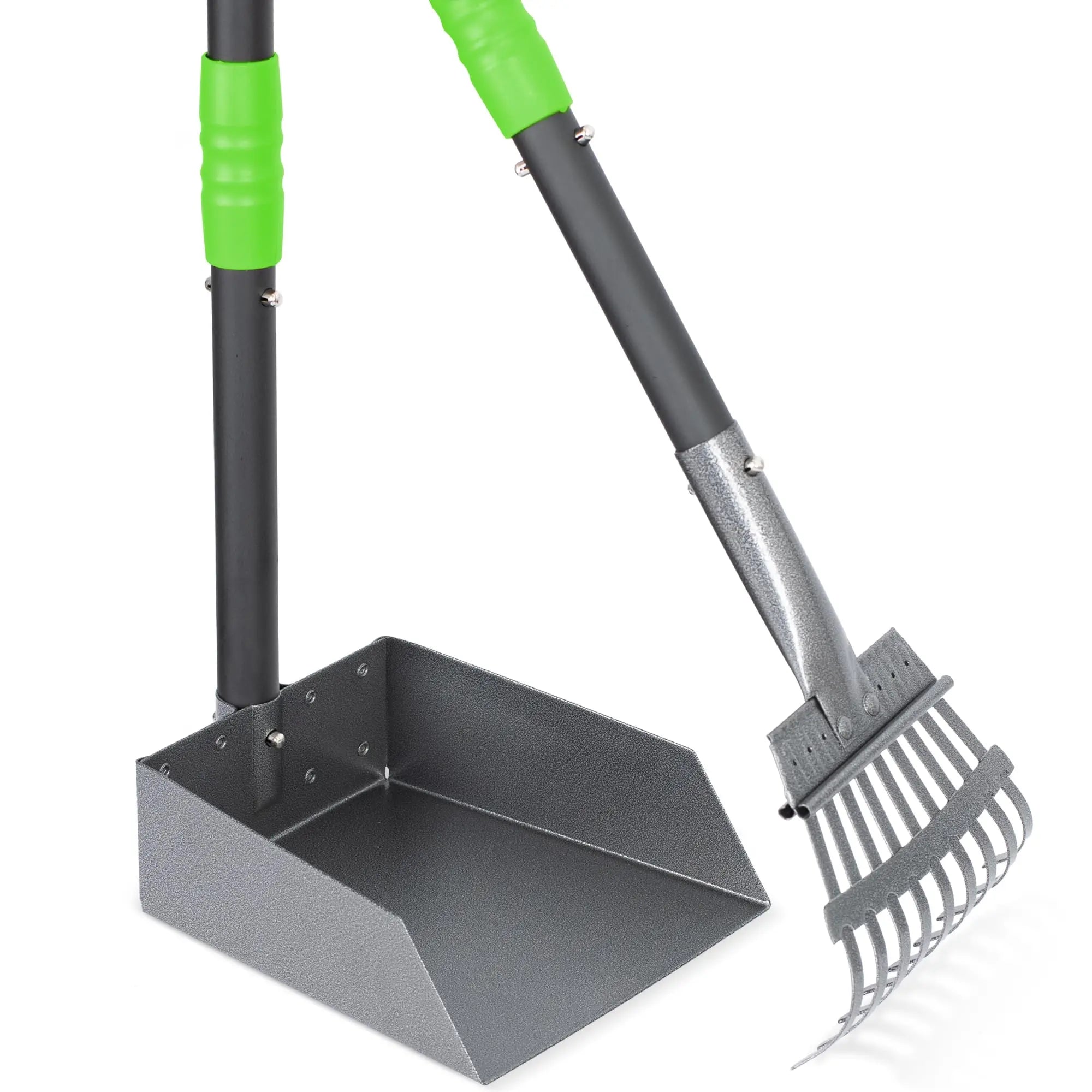 Dog Pooper Scooper, Dog Poop Tray and Rake Set,  Long Adjustable Sectional Stainless Handles