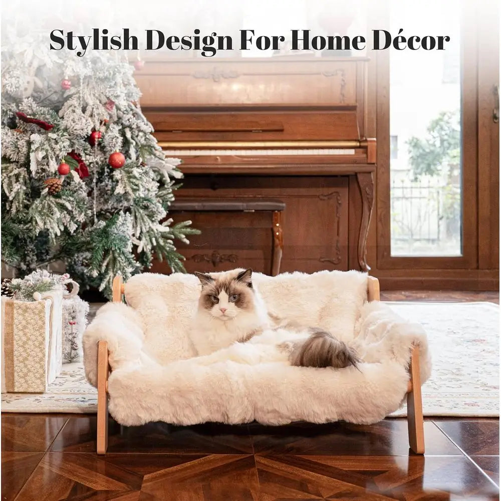 Wooden Cat Sofa with Removable Washable Fluffy Cover, Raised Kitty Lounge Chair Also Suitable for Puppy