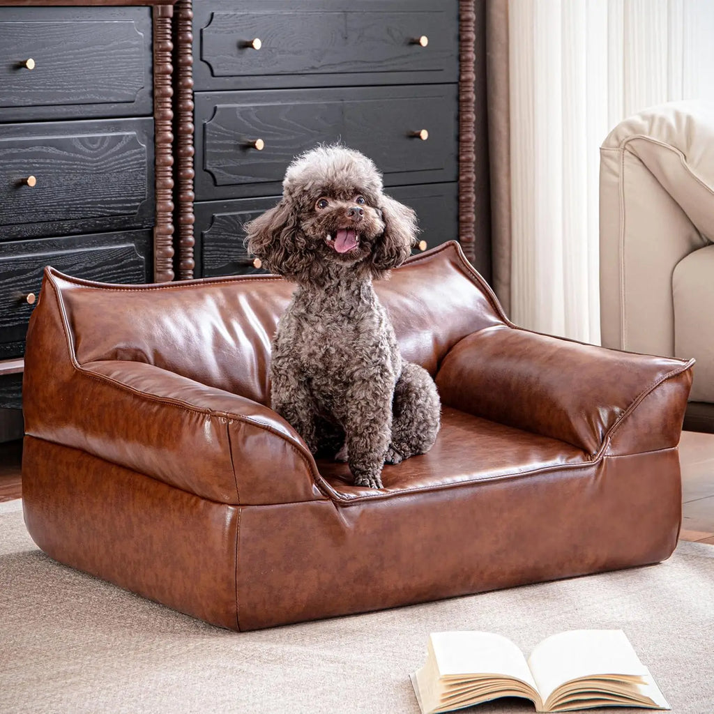 Leather Dog Bed Couch for Small to Medium Dogs, Brown Elevated Pet Sofa Bed