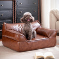 Leather Dog Bed Couch for Small to Medium Dogs, Brown Elevated Pet Sofa Bed