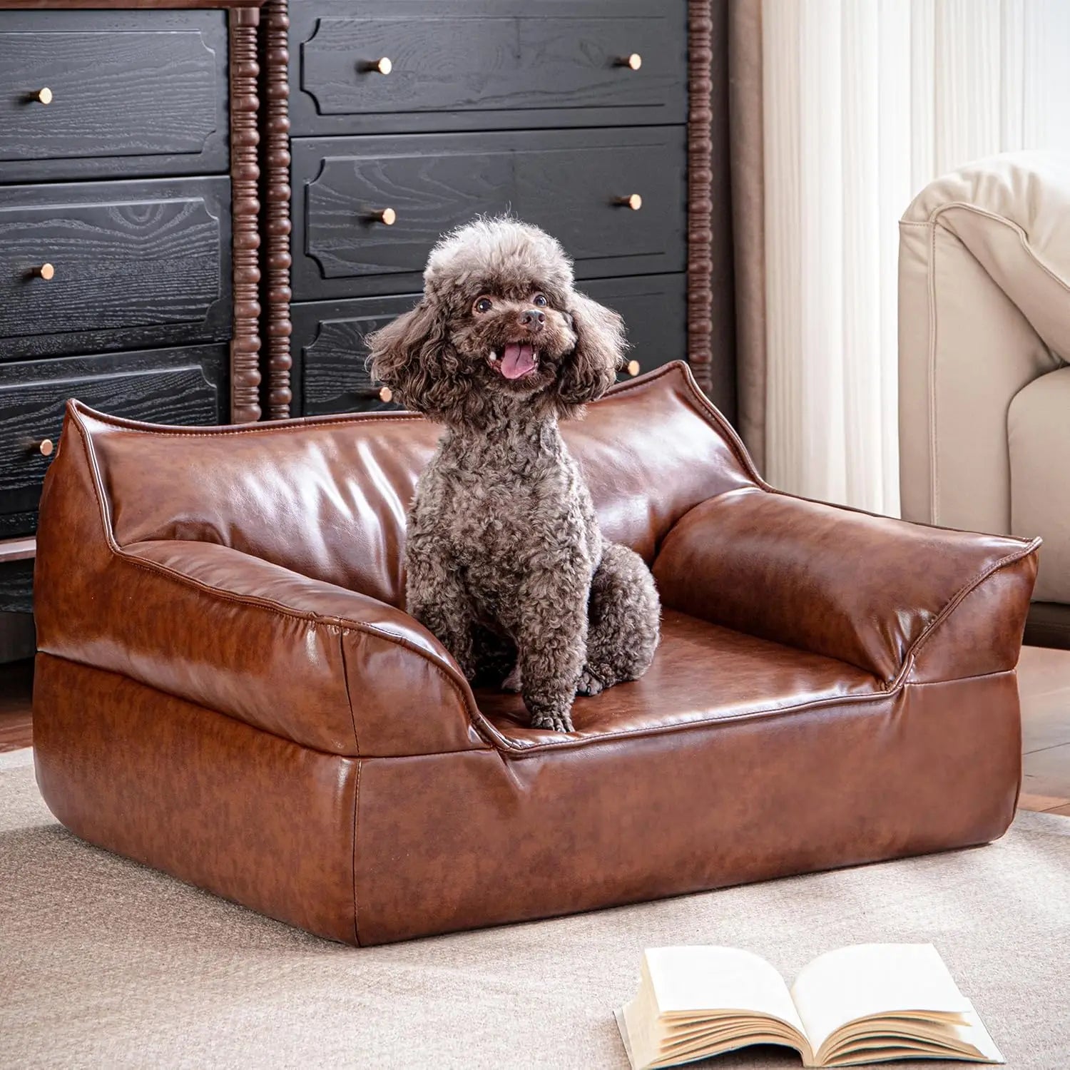 Leather Dog Bed Couch for Small to Medium Dogs, Brown Elevated Pet Sofa Bed