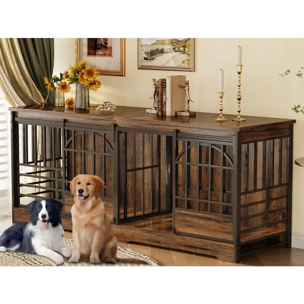 Double Dog Crate Furniture, Extra Large Dog Kennel Indoor with Divider