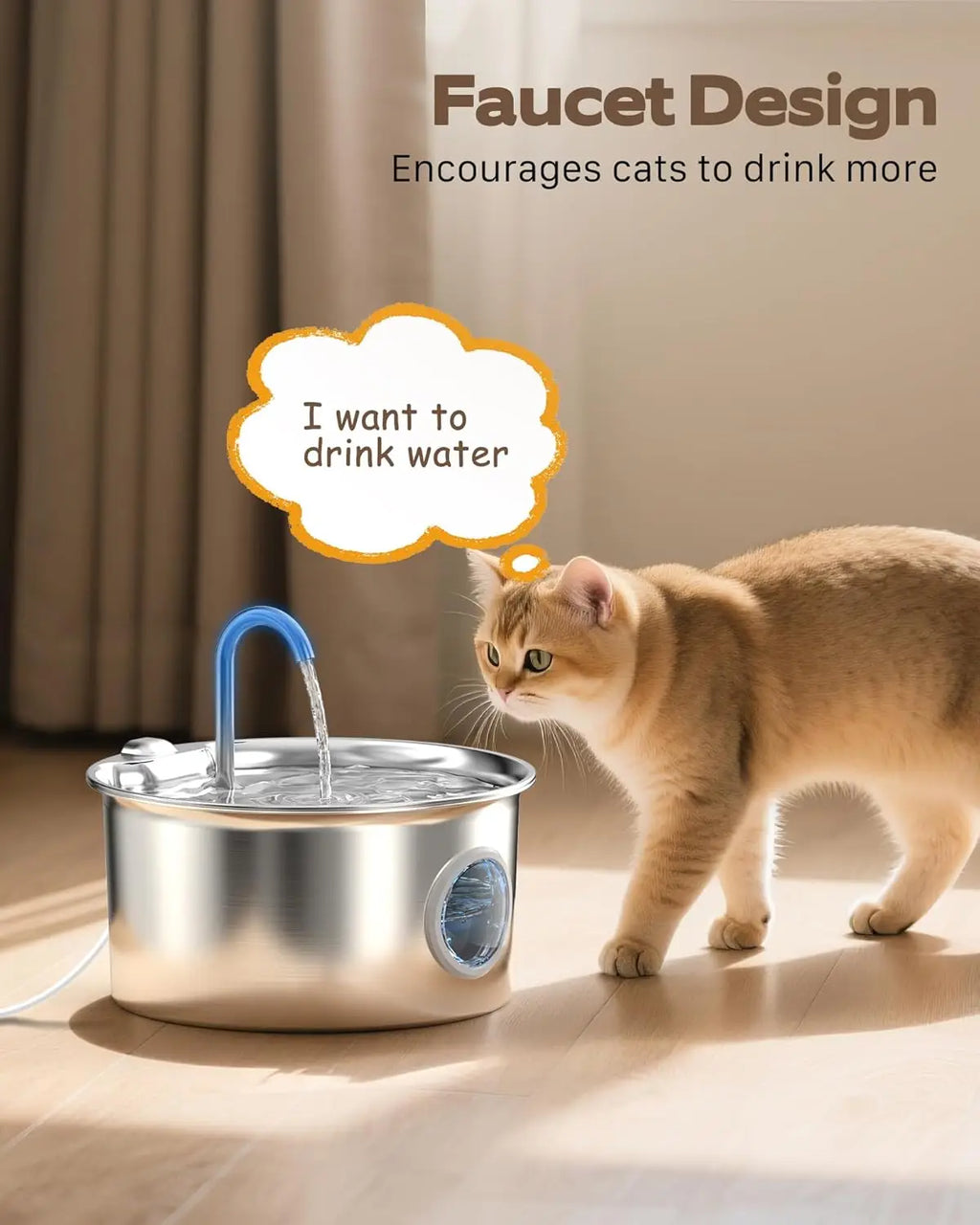 Stainless Steel Cat Water Fountain with 8 Filters & Sponges - 2.6L Quiet Pet Drinking Bowl