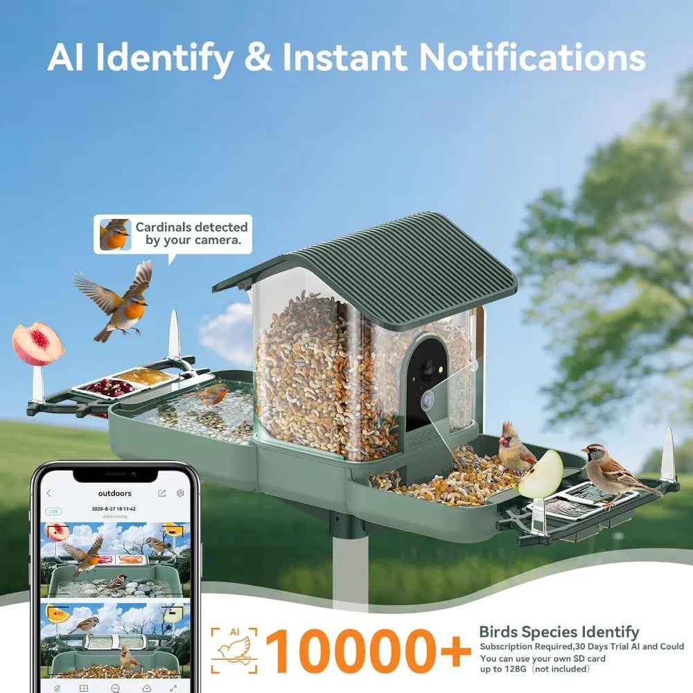 Bird Feeder with Camera & Bird Bath Combo, Watch Birds Eat & Bathe with WiFi 2K HD Video, Auto Record, AI Recognition