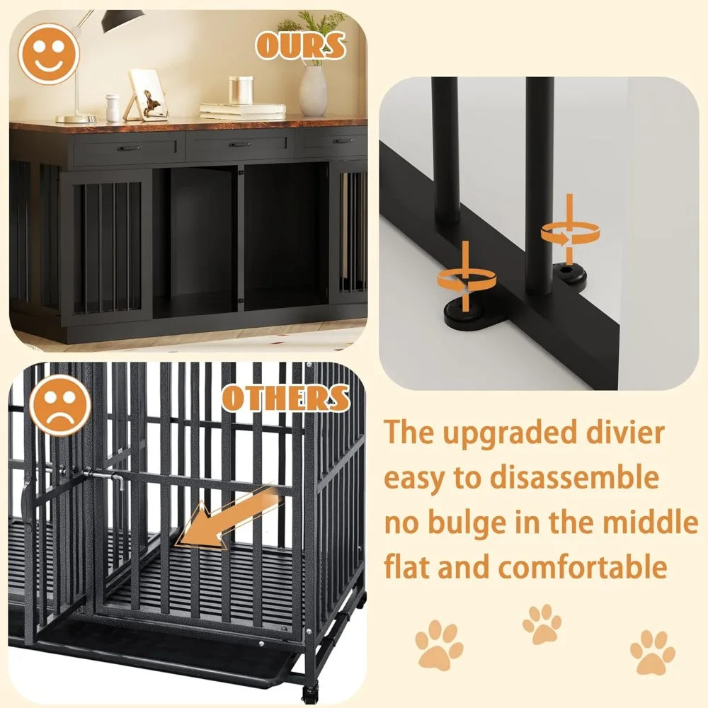 Large Heavy Duty Double Dog Crate/Wooden Kennel Furniture with 3 Drawers for Two Dogs