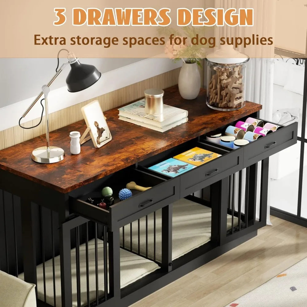 Large Heavy Duty Double Dog Crate/Wooden Kennel Furniture with 3 Drawers for Two Dogs