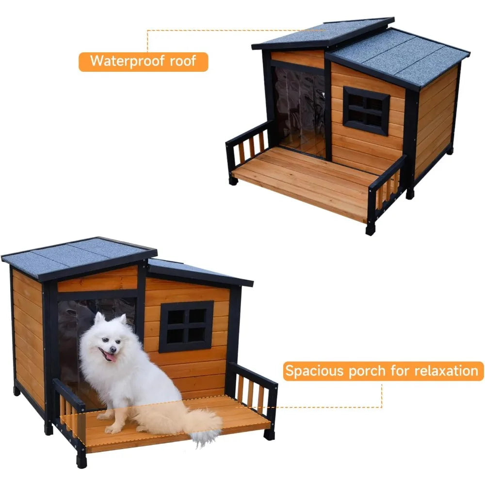 Indoor/Outdoor Dog House, Wood Insulated, Weatherproof Outside Shelter with Elevated Floor