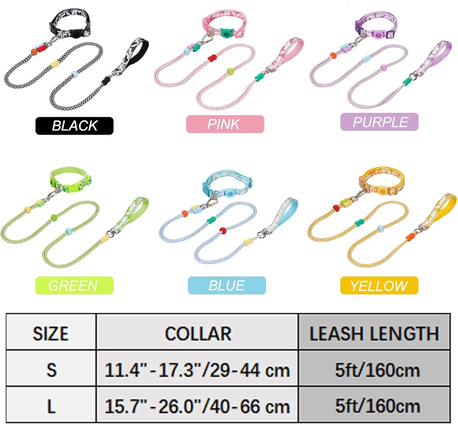 Dog Leash and Collar Set with AirTag Holder for Small Medium, Large Dogs, 5 FT Double Rope Leashes