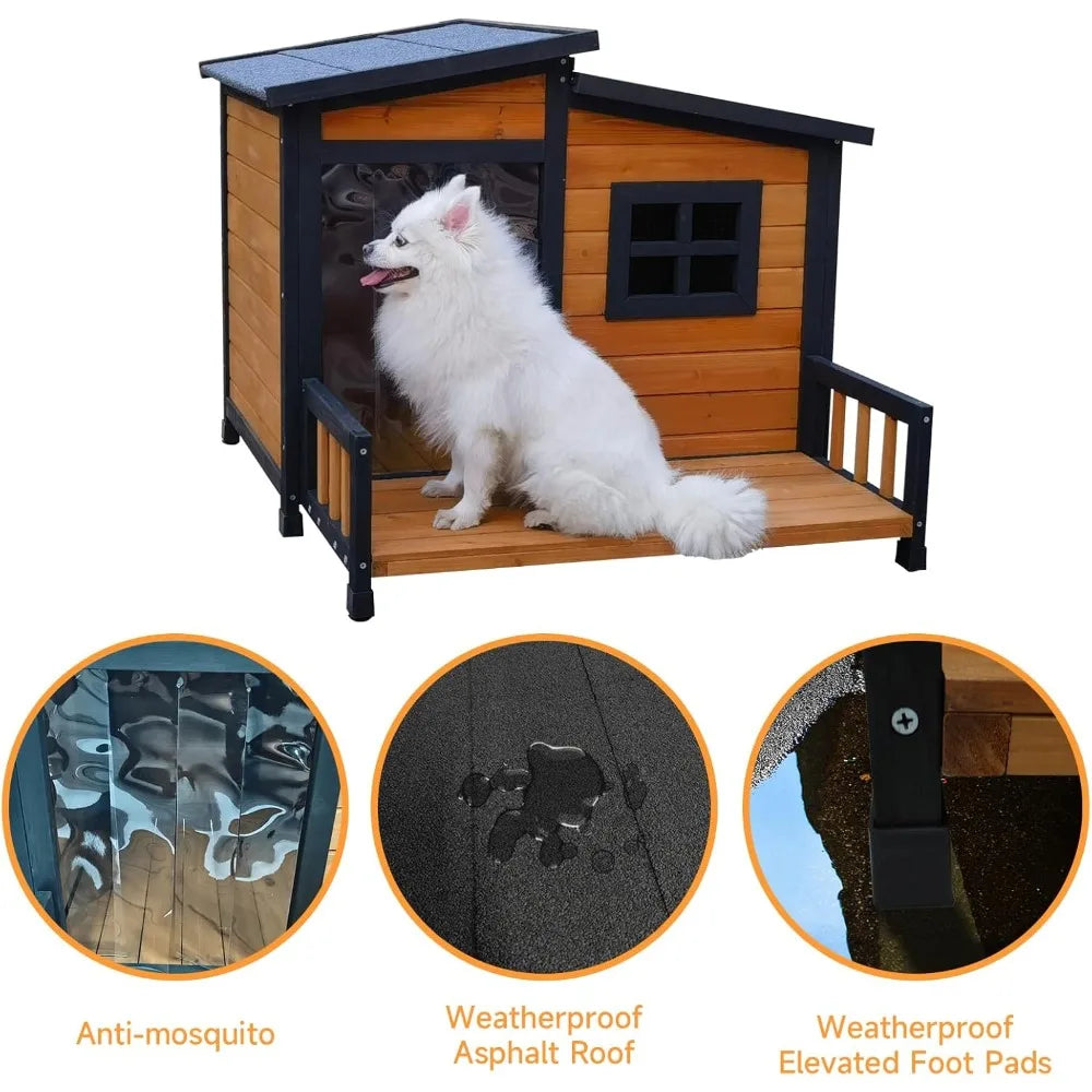 Indoor/Outdoor Dog House, Wood Insulated, Weatherproof Outside Shelter with Elevated Floor