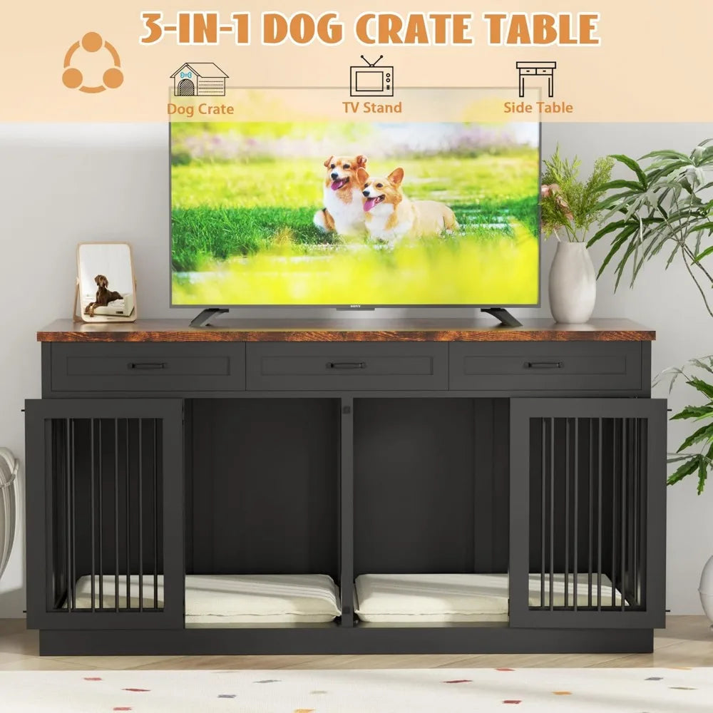 Large Heavy Duty Double Dog Crate/Wooden Kennel Furniture with 3 Drawers for Two Dogs