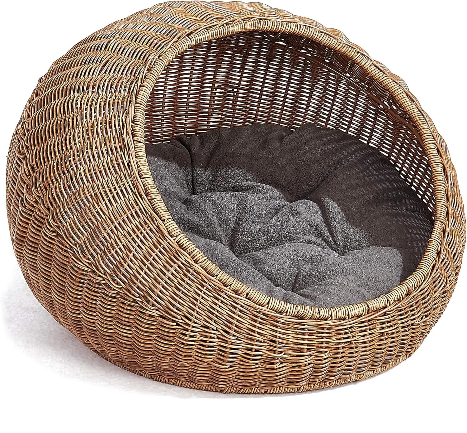 Wicker Cat Bed Dome for Medium Indoor Cats - Covered Hideaway Hut with Washable Cushion