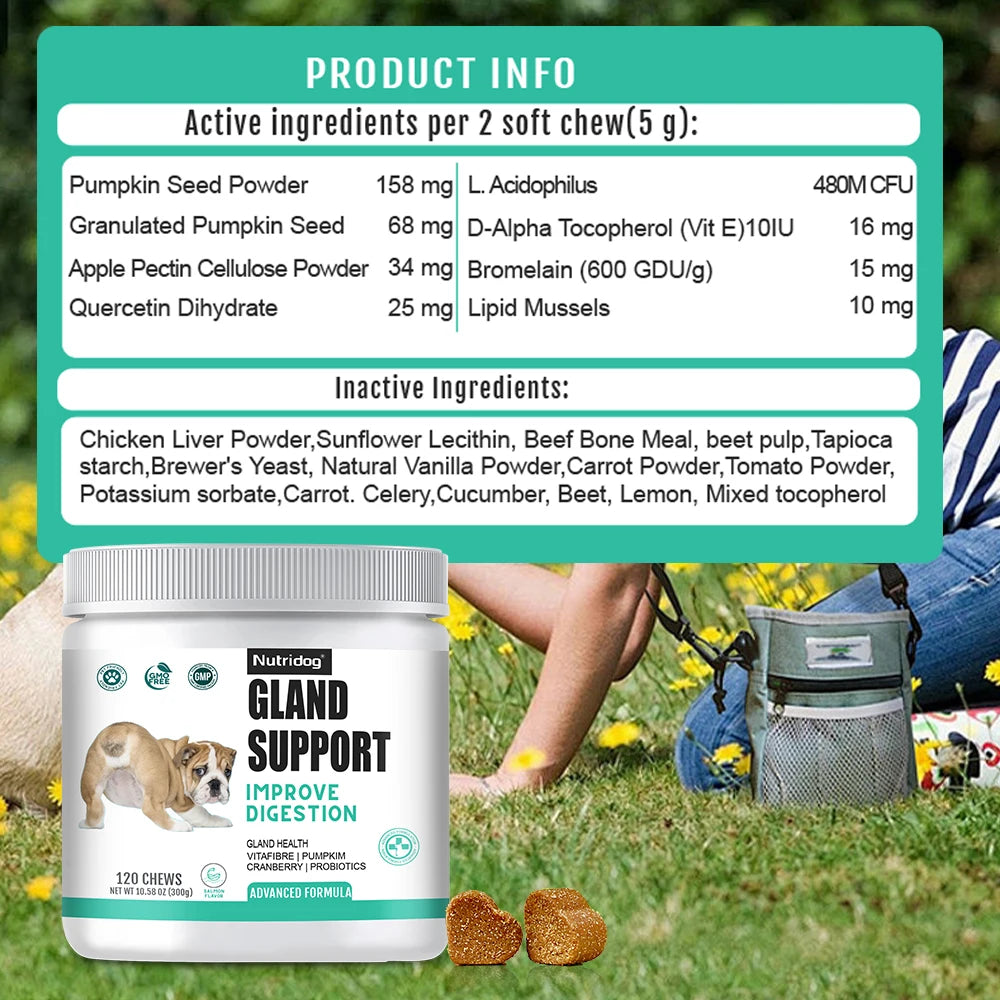 NUTRIDOG Dog Anal Gland Support  Pumpkin Seed Probiotics Digestive Enzymes Scoot Relief