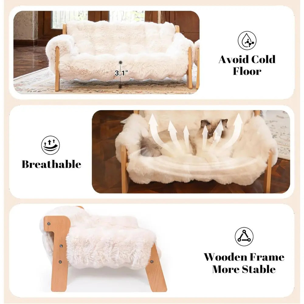 Wooden Cat Sofa with Removable Washable Fluffy Cover, Raised Kitty Lounge Chair Also Suitable for Puppy
