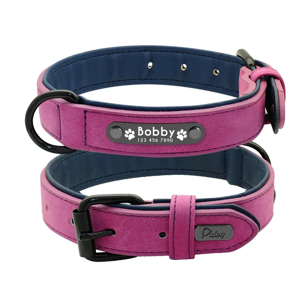 Personalized Name ID Tags, Text name Leather Dog Collar For Small Medium Large Dogs