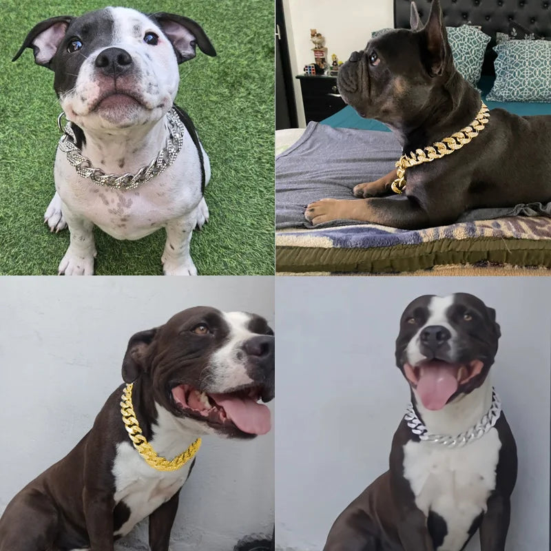 Plastic Dog Collar Chain, Diamond Inlay Sparkle Bulldog Necklace For Small Medium Large Dogs Golden