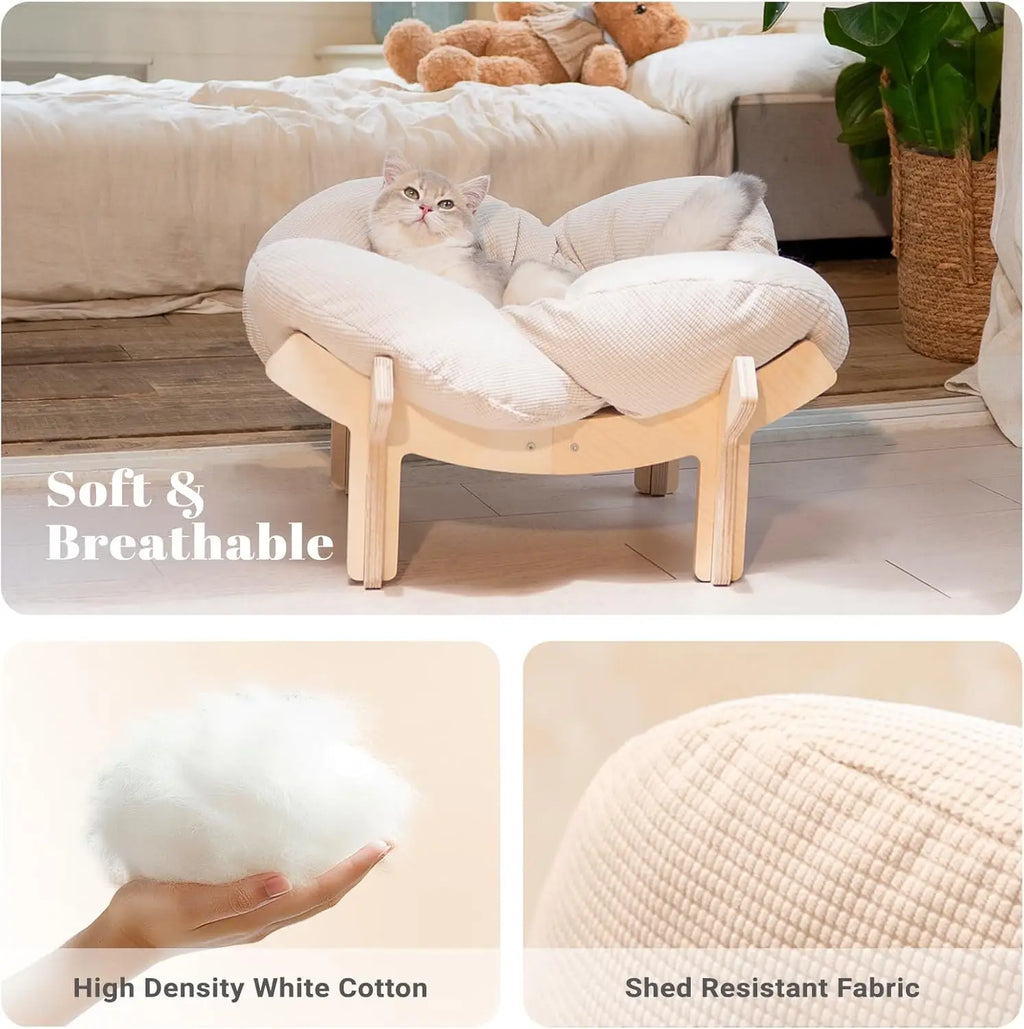 Elevated Cat Bed Wooden with Cushion. Raised Kitty Lounge Chair Suitable for Puppy, Cat