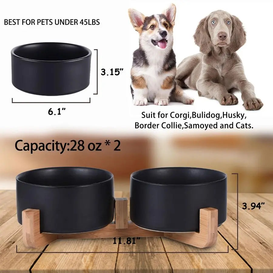 Black Ceramic Cat/Dog Bowl Set with Wood Stand for Pet Food and Water, Non-Slip