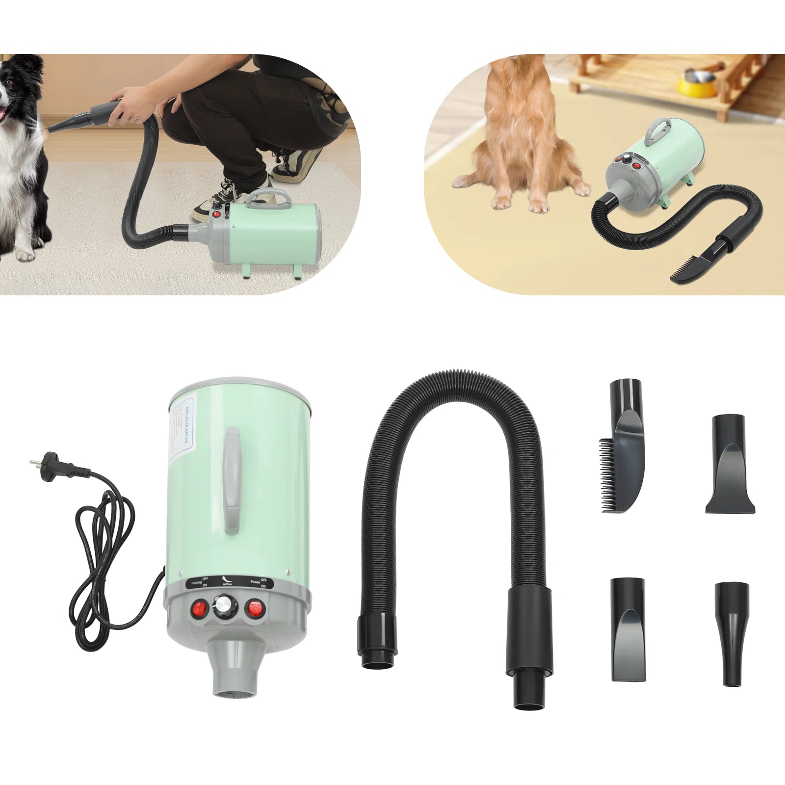 Pet Hair Dryer, Adjustable Design Wind Speed, Electric Dog Cat Hair Dryer, 4 Nozzles