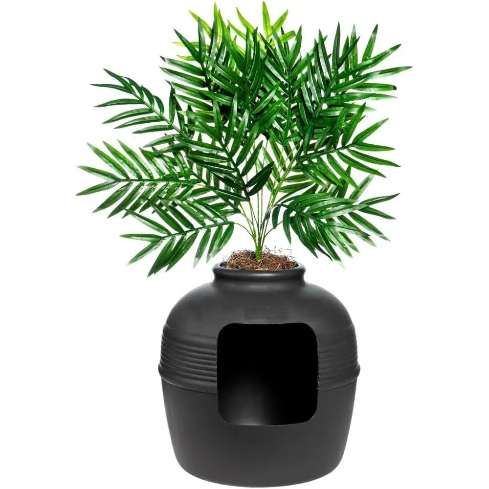 Hidden Cat Litter Box Enclosure with Artificial Plant, Decorative Round Planter, Odor Control Filter, Easy-to-Clean
