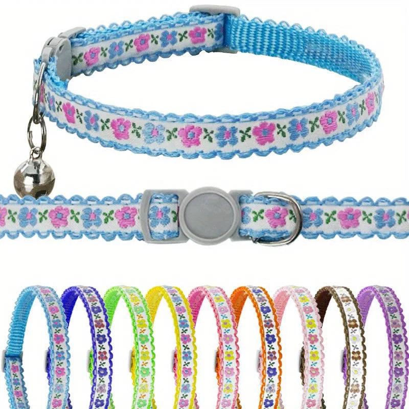 Exquisite Floral Embroidered Cat Collars, Adjustable And Durable With Bell