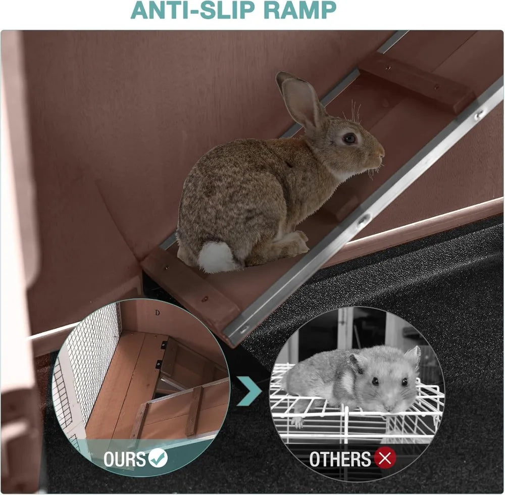 Rabbit Hutch Indoor Bunny House Guinea Pig Cage with Sliding Plastic Trays, Wheels & Ramp