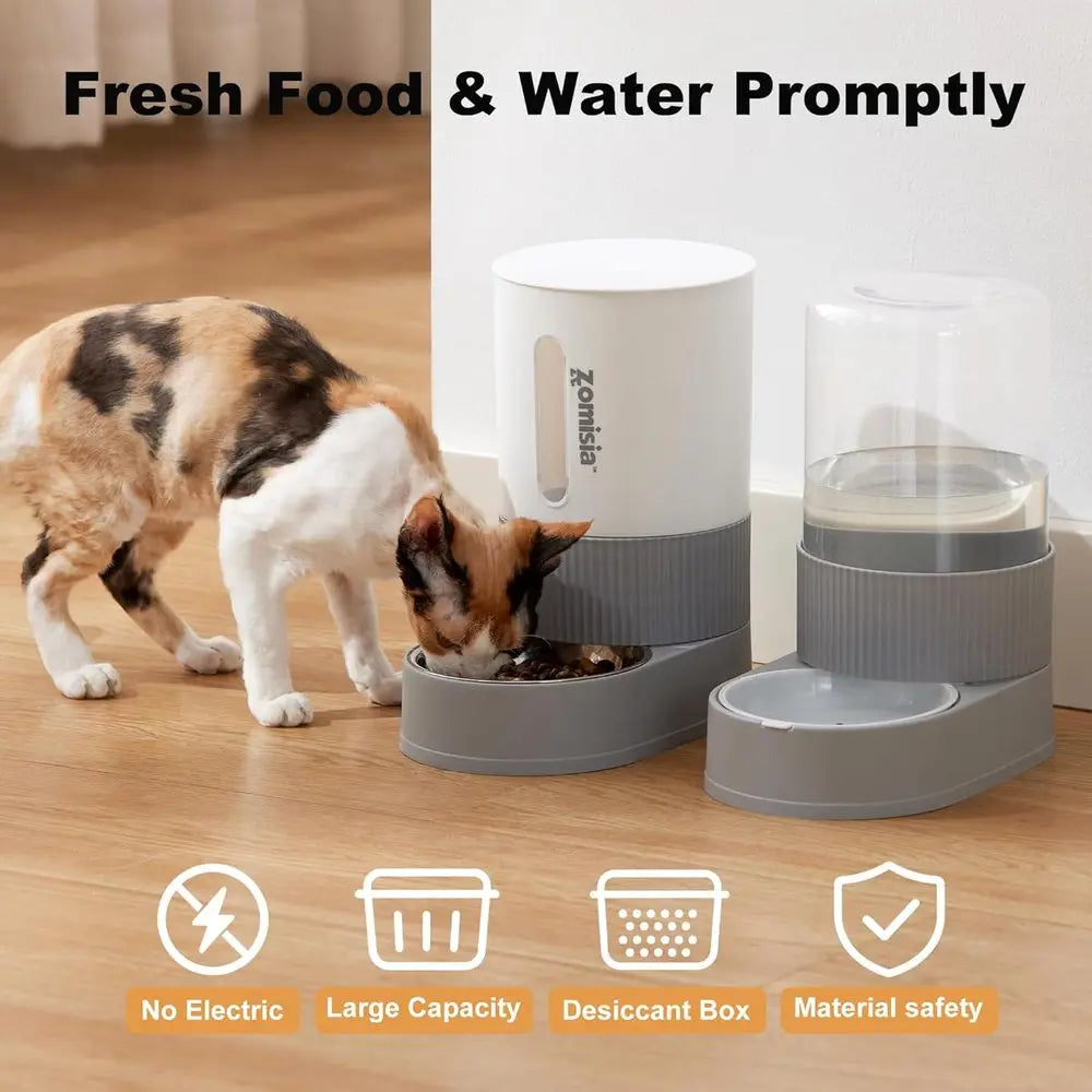 Gravity Cat Feeder and Water Dispenser - Automatic With Stainless Steel Bowl, (2 )