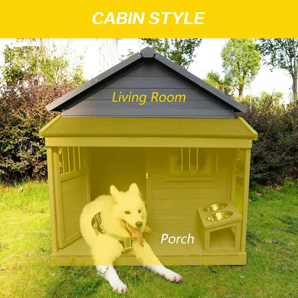 Dog House with Porch And with Dog Bowl, Door, Window, Removable Base Plate, Weatherproof Dog Kennel